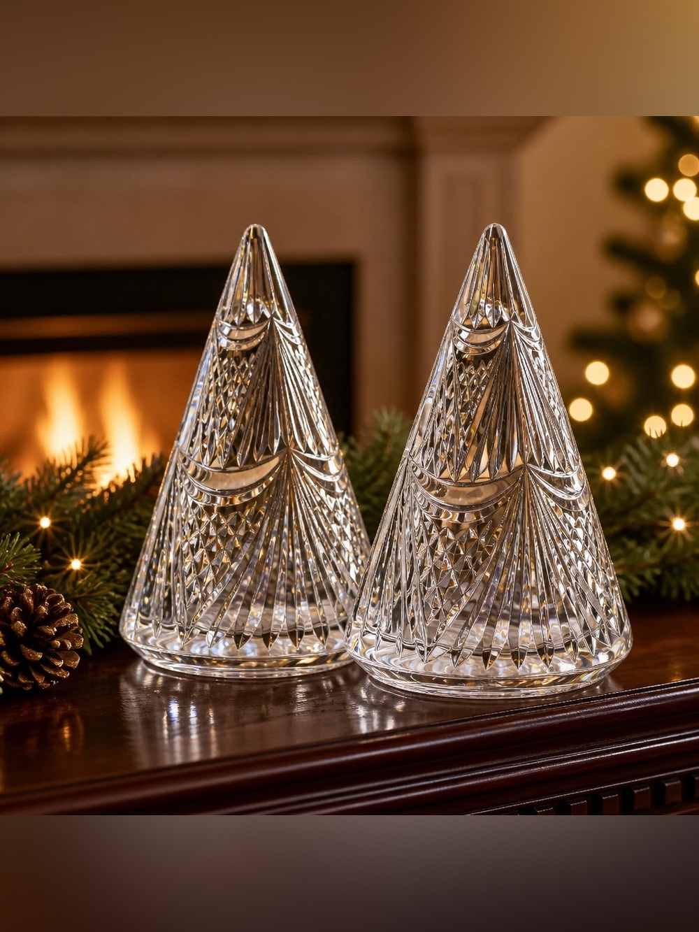 Waterford Crystal Pair Of 8” Holiday Christmas Tree Candle Holders Decor Ireland